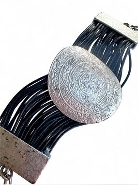 Bohemian Multi-Strand Black Leather Bracelet with Silver Medallion